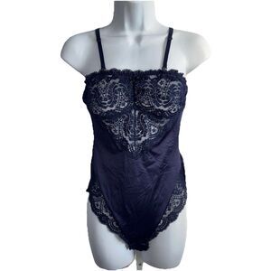 Vassarette Vintage Navy Blue Satin Lace Pinup Bodysuit Teddy Size 34 Lingerie